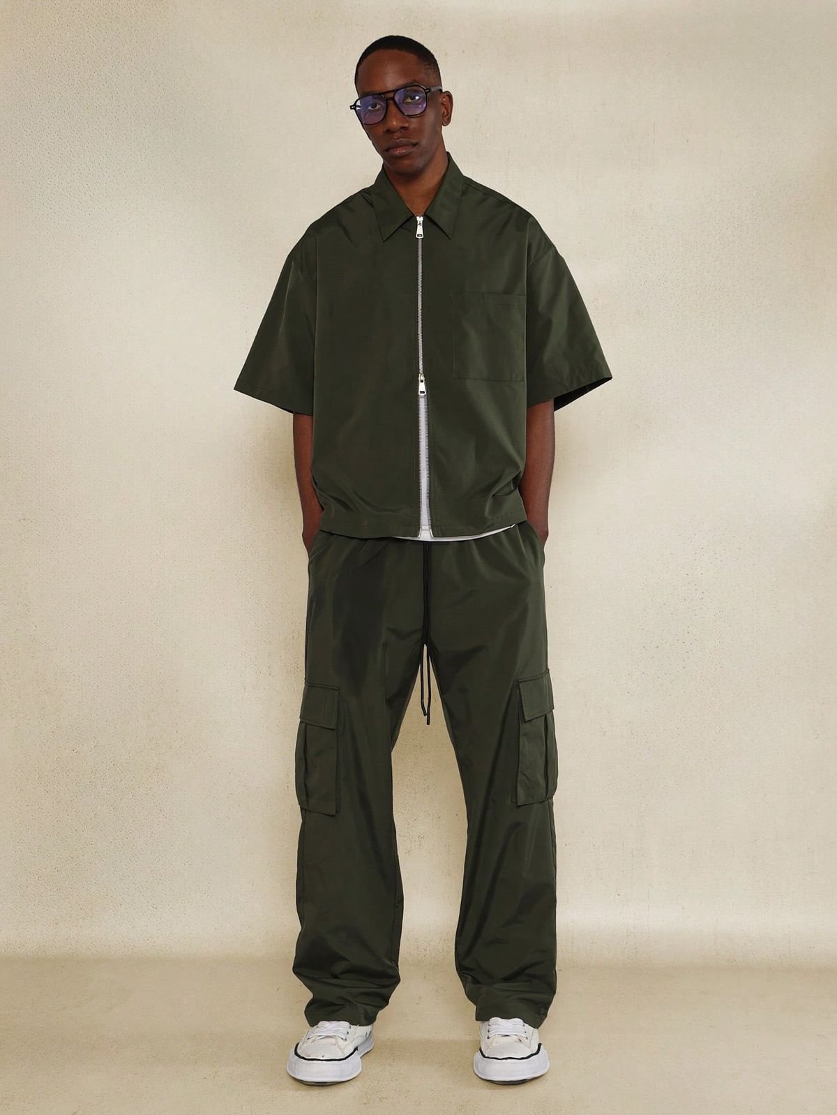 Boxy Fit Zip Through Nylon Shirt And Cargo Pant